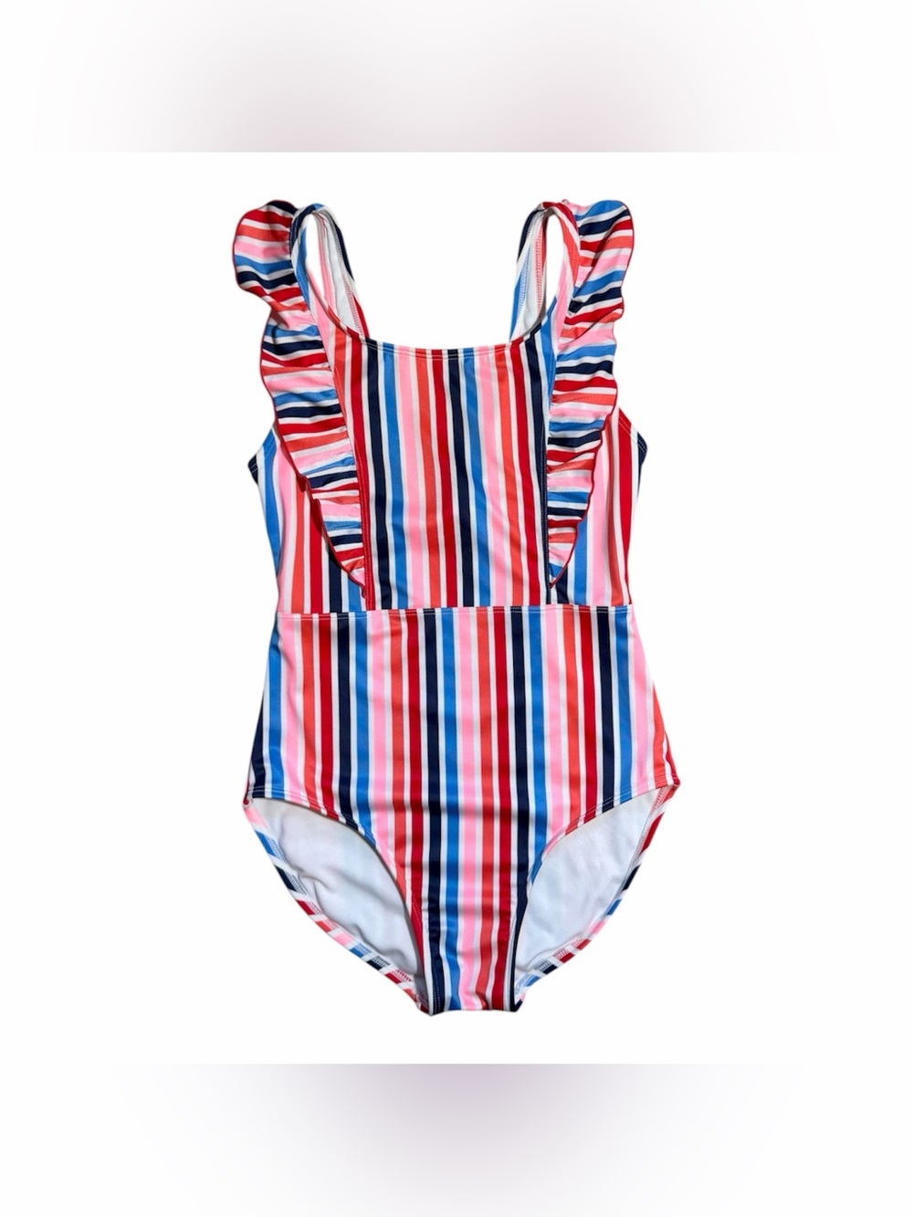 Cat & Jack Girls' Striped Ruffle One-Piece Swimsuit - Red, Pink, Blue, White